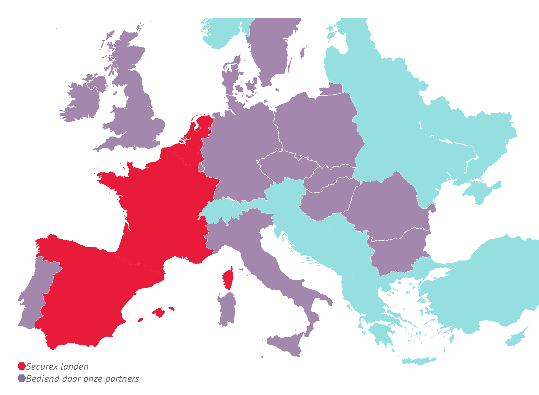Kaart van Europa toont alle landen waar Securex actief is
